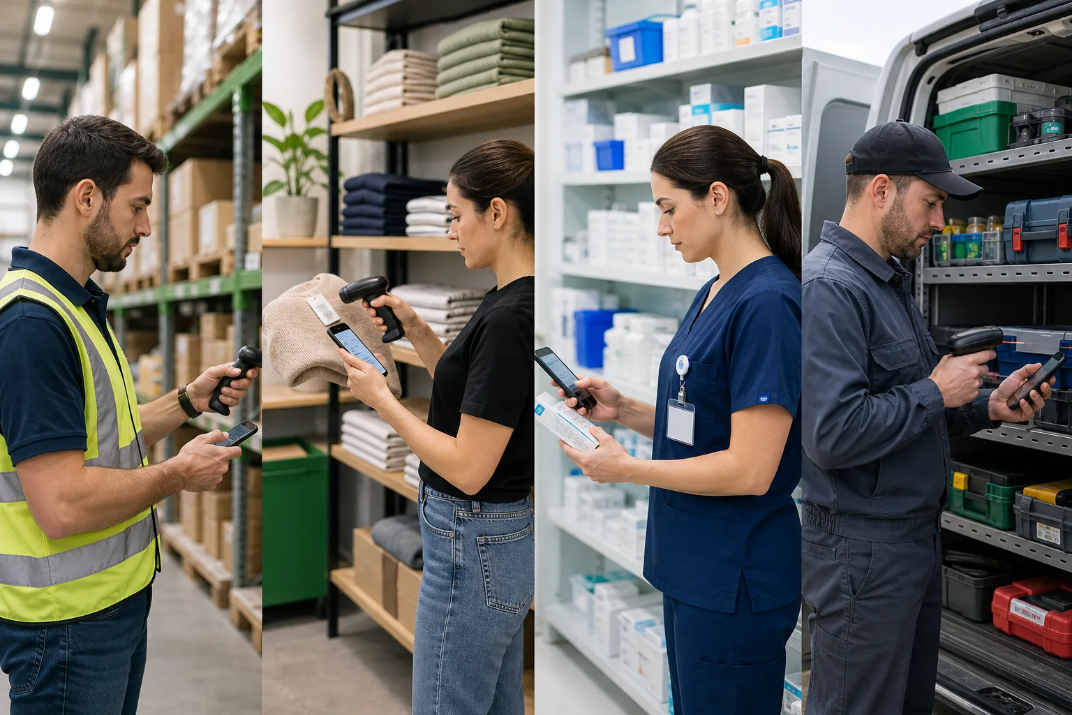 Worker scanning inventory with mobile and web inventory screens